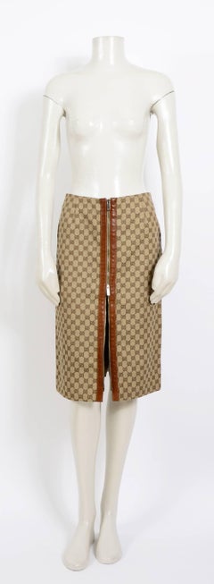 Gucci By Tom Ford Leather Trim Logo Skirt with Zipper Detail