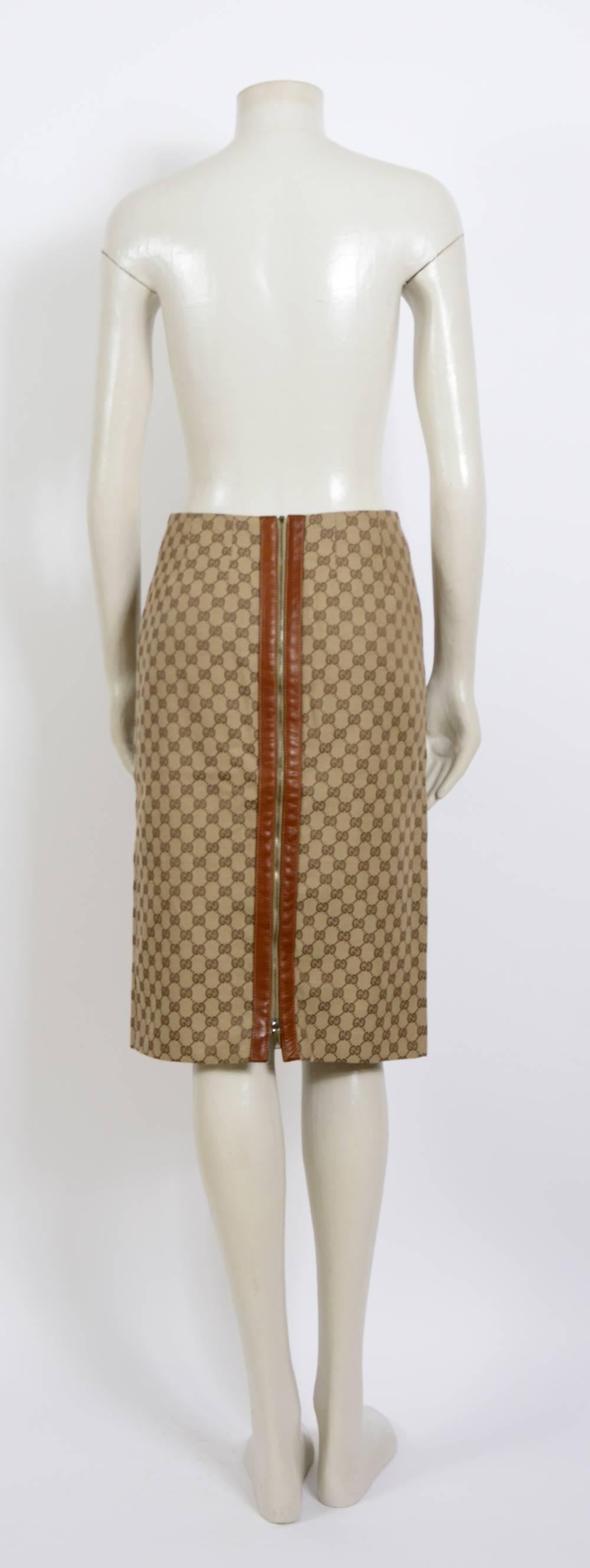 Women's Gucci By Tom Ford Leather Trim Logo Skirt with Zipper Detail 