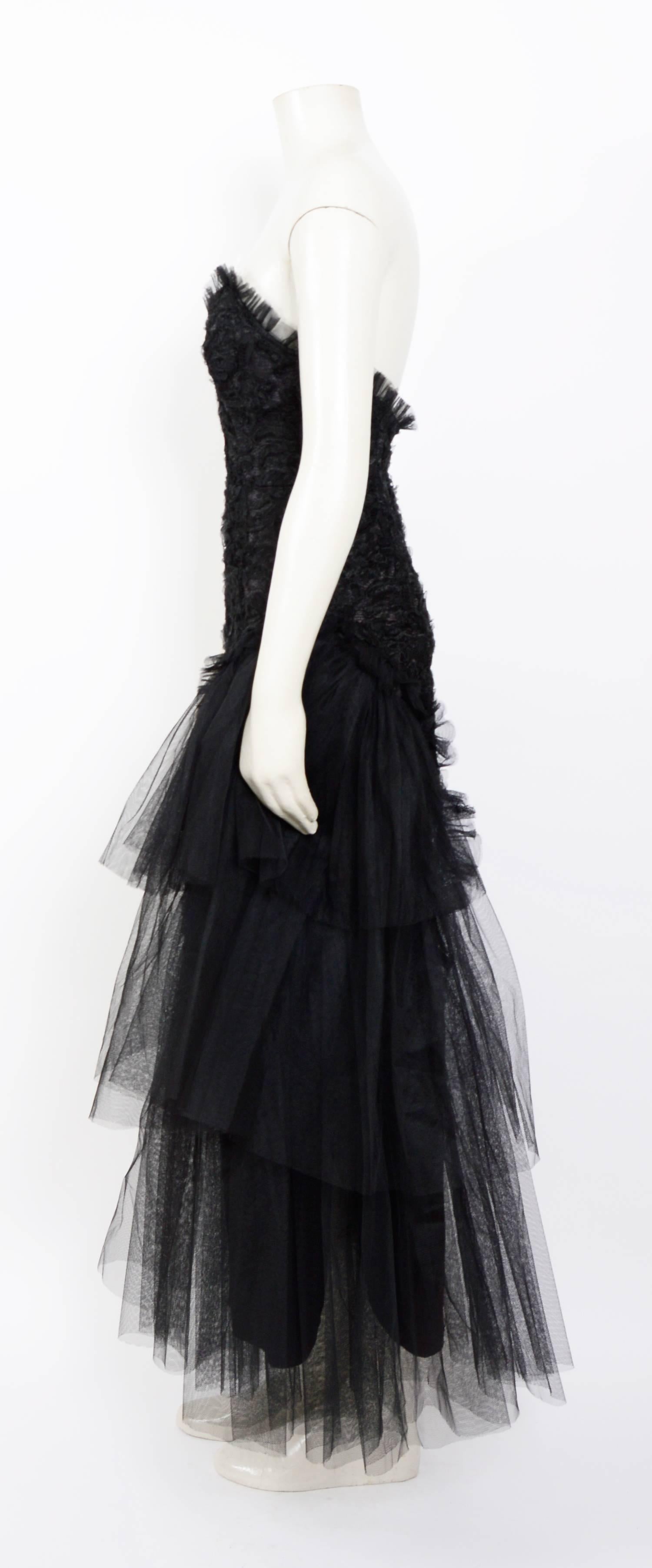 Women's Yvan & Marzia 1980s Black Lace and Tulle Partydress