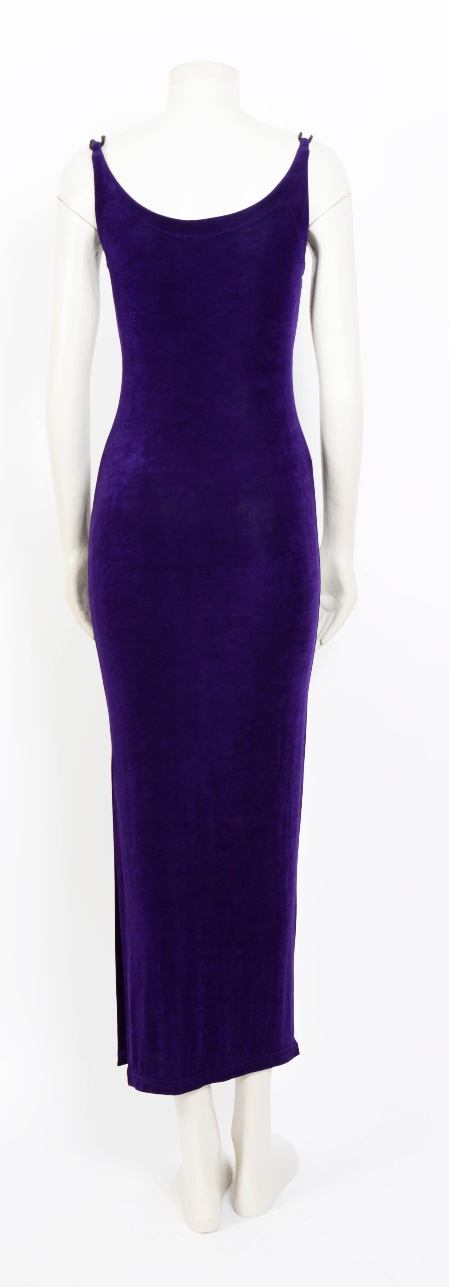 Black Yves Saint Laurent rive gauche 1970s vintage purple slinky silk jersey dress