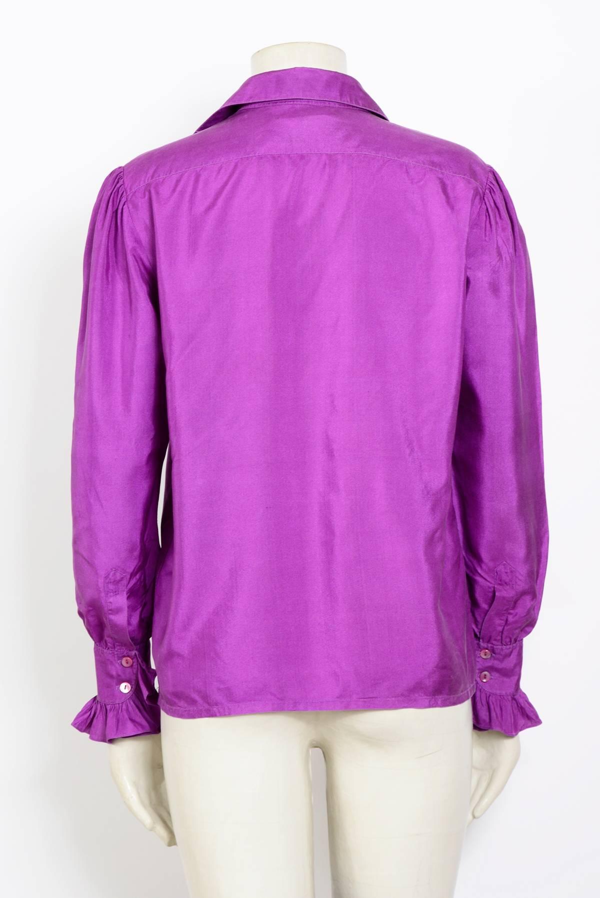 Purple Yves Saint Laurent silk purple ruffle shirt, 1970's 