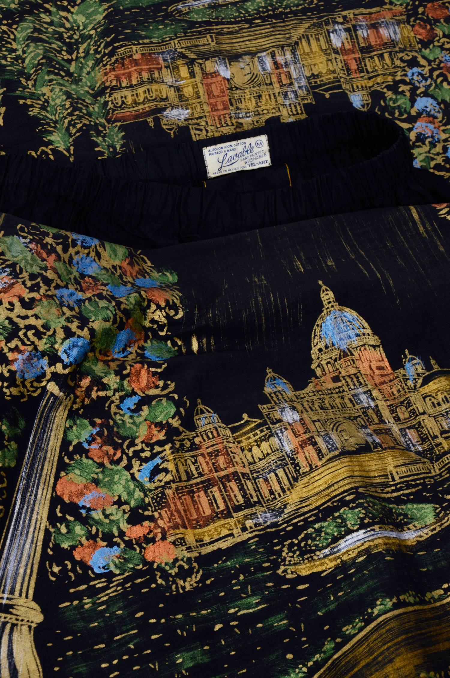 Vintage 1950s hand painted Mexican Victoria Vancouver scenery print circle skirt In Excellent Condition In Antwerp, BE