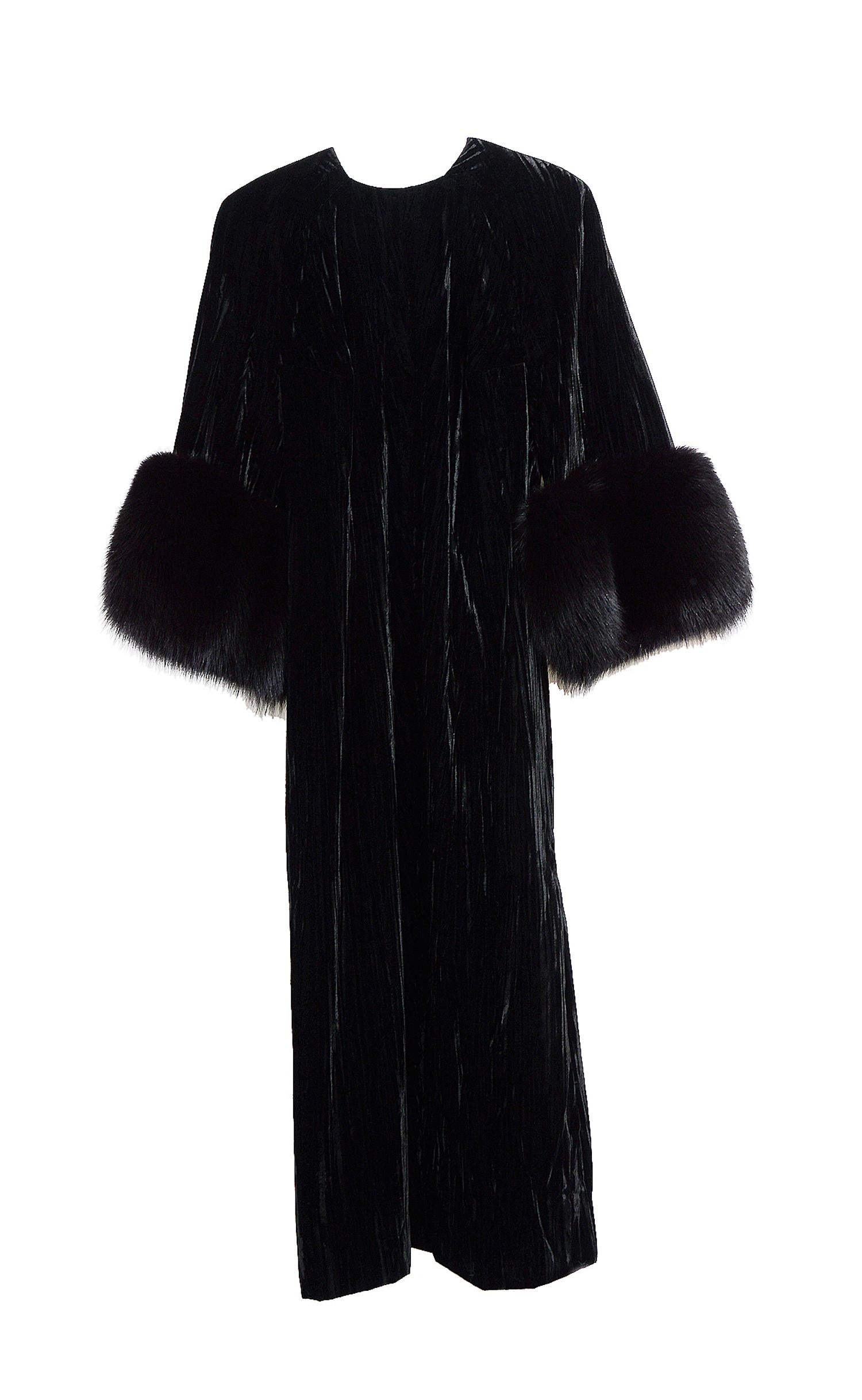 Valentino 1970's black crushed velvet and fur trim sleeves dress 1