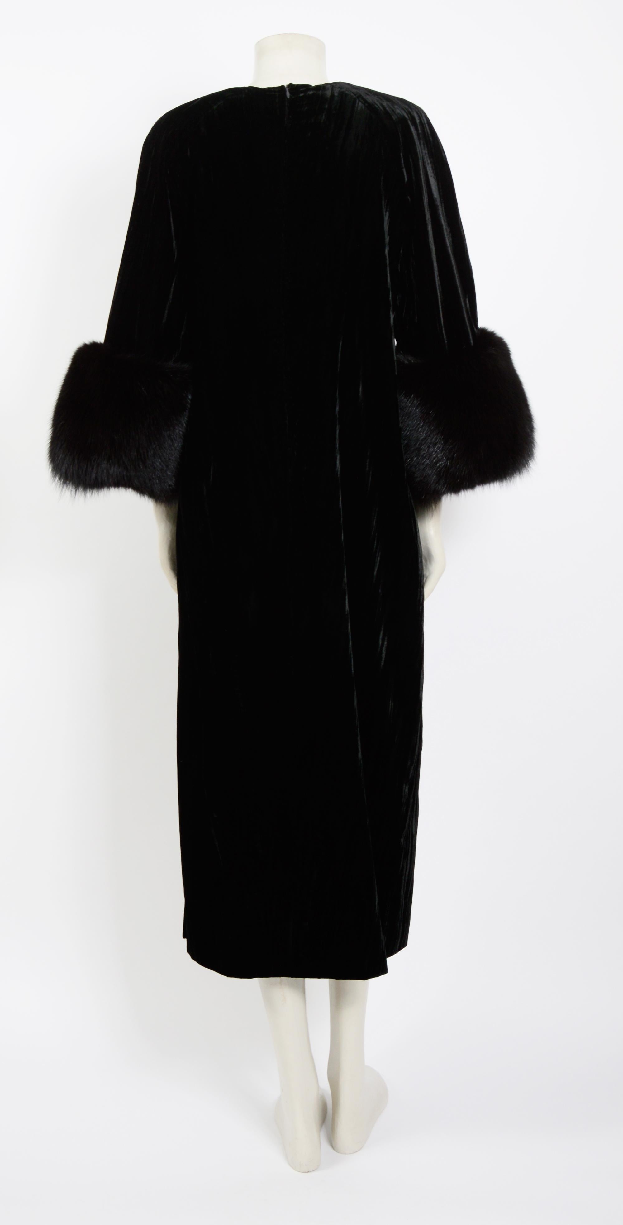 Valentino 1970's black crushed velvet and fur trim sleeves dress 2