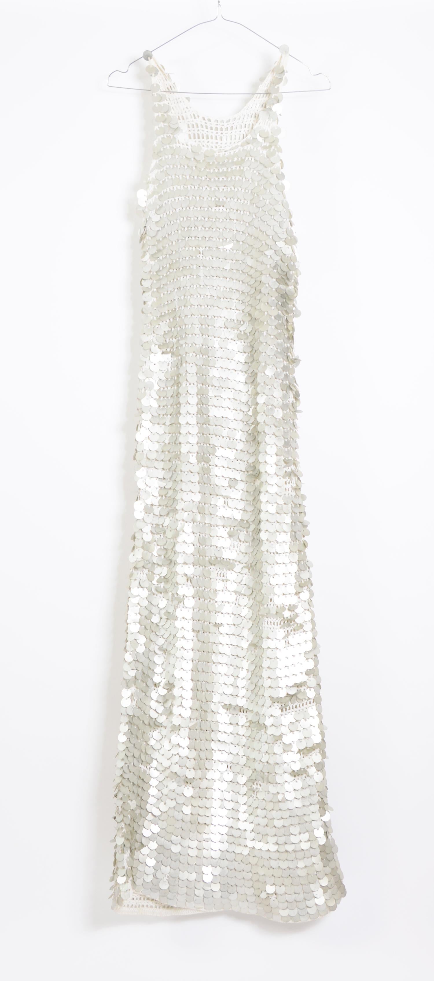 Gray Vintage 1970 sheer white crochet and silver metallic disc sequins slip dress