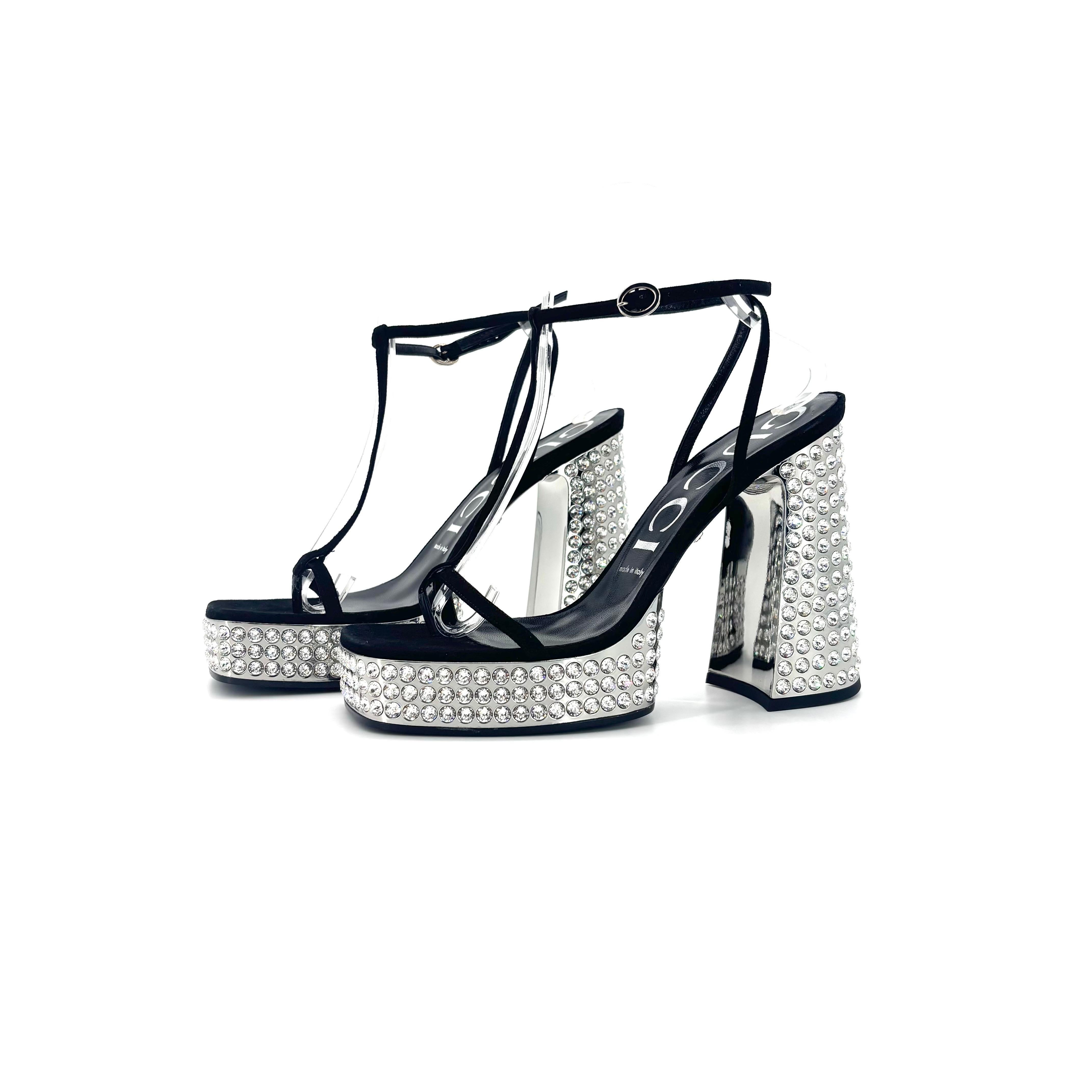 Gucci Rare Nero Nero Crystal Embellished Platform Strappy Sandals 39