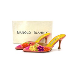 Manolo Blahnik Pastel Hearts and Floral Cutout Pointed Toe Mules Pumps 35.5