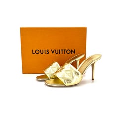Louis Vuitton Revival Monogram Emboss Gold Leather Heeled Mules Sandals 38.5