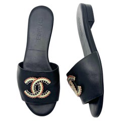 Chanel CC Logo Lambskin Black Leather Slip On Slides Mules 37.5