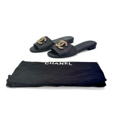 Chanel CC Logo Lambskin Black Leather Slip On Slides Mules 37.5