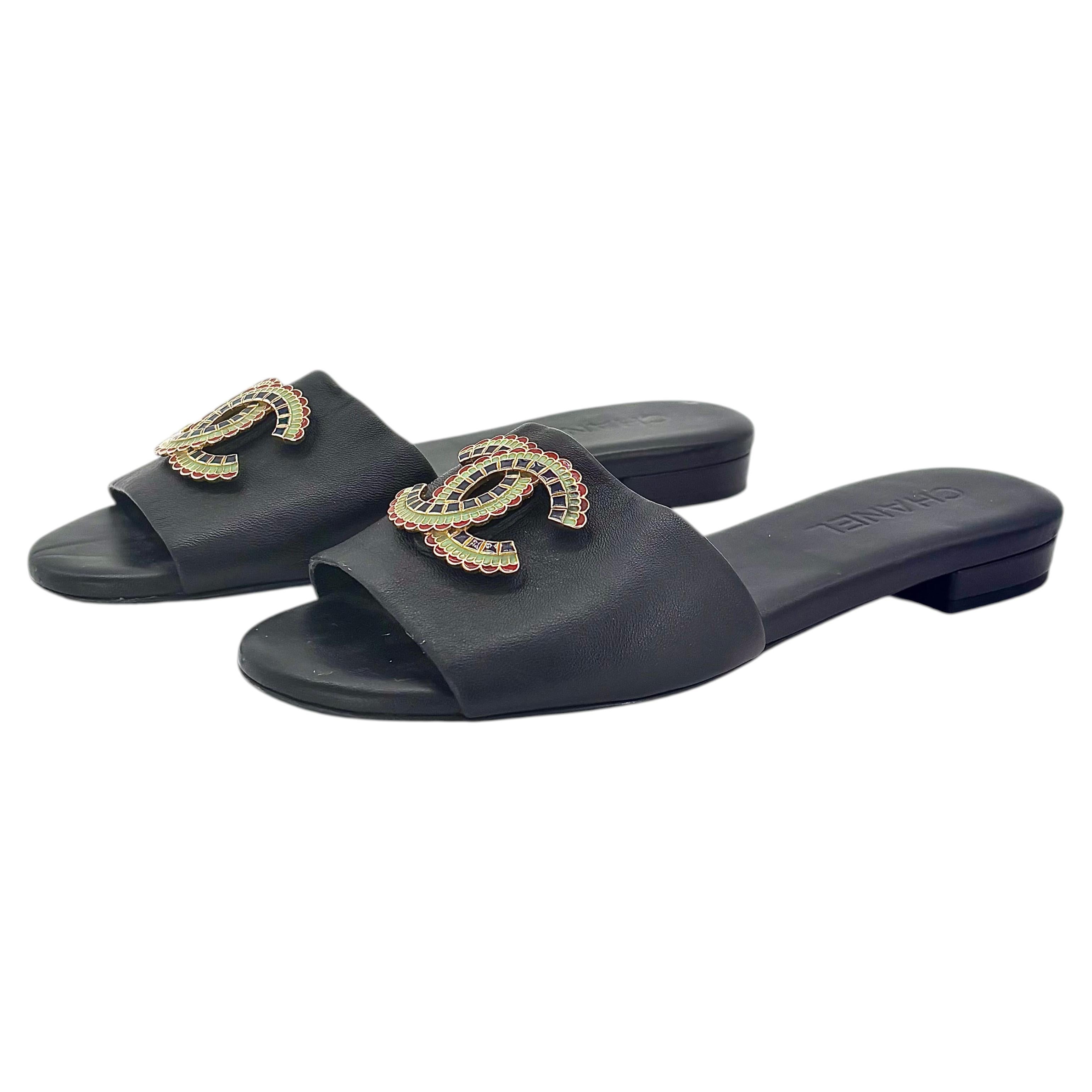 Chanel CC Logo Lambskin Black Leather Slip On Slides Mules 37.5
