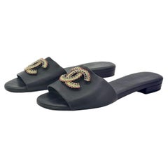 Chanel CC Logo Lambskin Black Leather Slip On Slides Mules 37.5