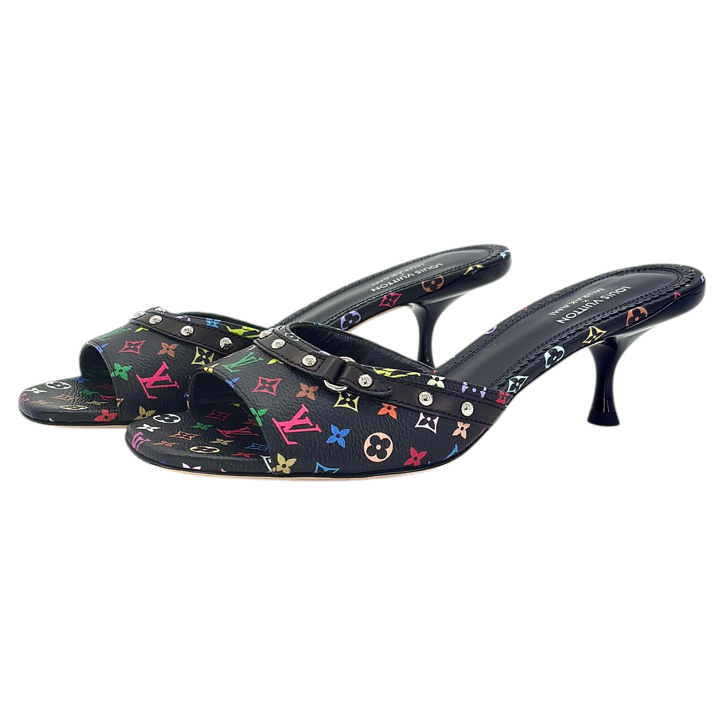 Louis Vuitton x Murakami Logo Multicolored Slip On Kitten Heel Mules Sandals 37 For Sale