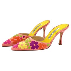 NIB Vintage Manolo Blahnik Floral Pastel Pointed Toe Heeled Mule Pumps 35.5