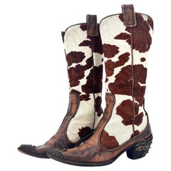 Giuseppe Zanotti Crystals Cow Print Pull On Western Cowgirl Heeled Boots 7