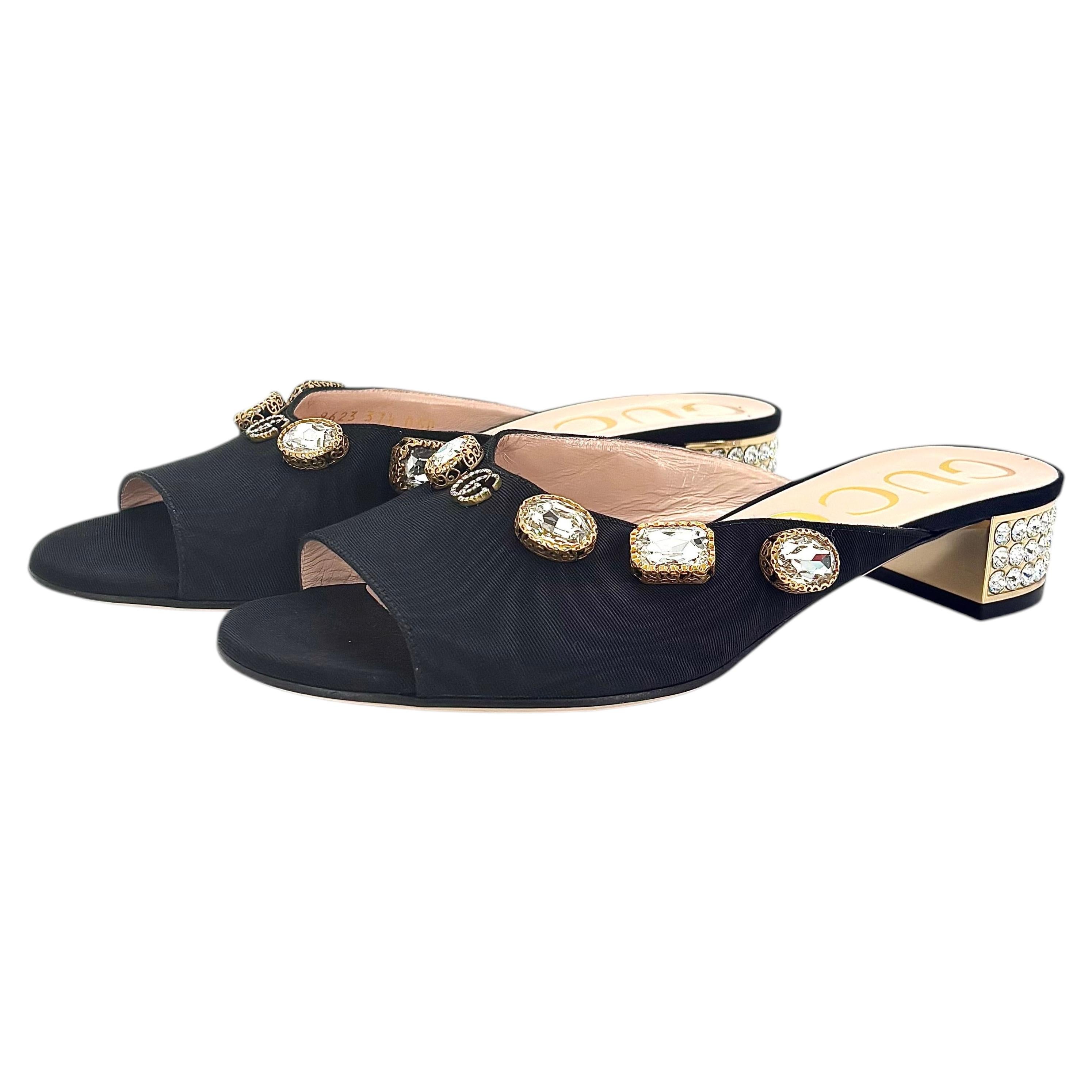 Gucci Moire Crystal Embellished Lyric Interlocking GG Slip On Slides Mules 37.5
