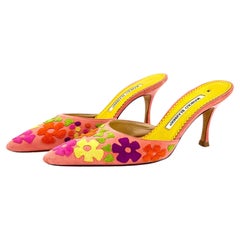 Manolo Blahnik Pastel Hearts and Floral Cutout Pointed Toe Mules Pumps 35.5