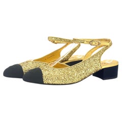Chanel CC Logo Glitter and Grosgrain Cap Toe Slingback Platform Heel Pumps 37
