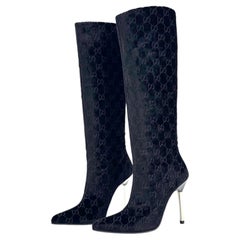 Gucci Tom Ford GG Monogram Velvet Black Knee High Pointed Toe Heeled Boots 6