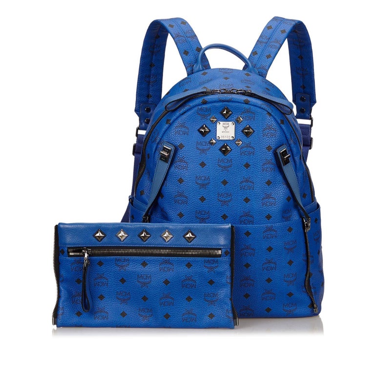 MCM Blue Visetos Studded Leather Backpack For Sale at 1stdibs