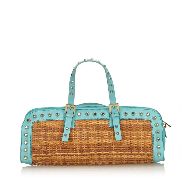 Fendi Brown x Light Blue Studded Rattan Handbag at 1stDibs