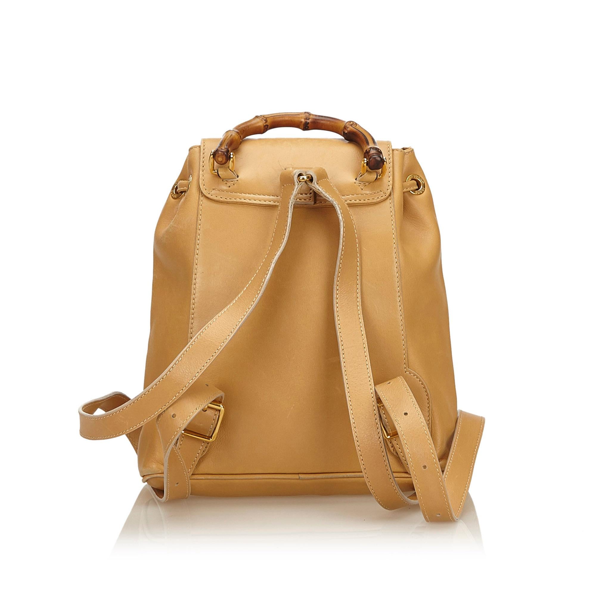 Gucci Beige Bamboo Calf Leather Drawstring Backpack In Good Condition In Orlando, FL