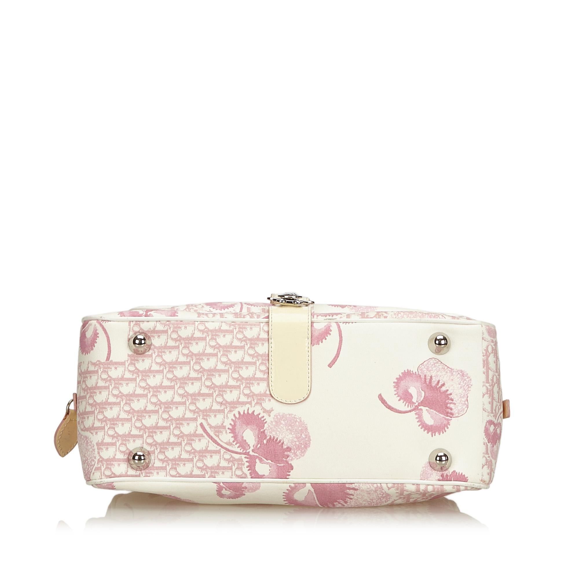 Dior Pink x White x Ivory Flower Canvas Polochon Shoulder Bag In Good Condition In Orlando, FL
