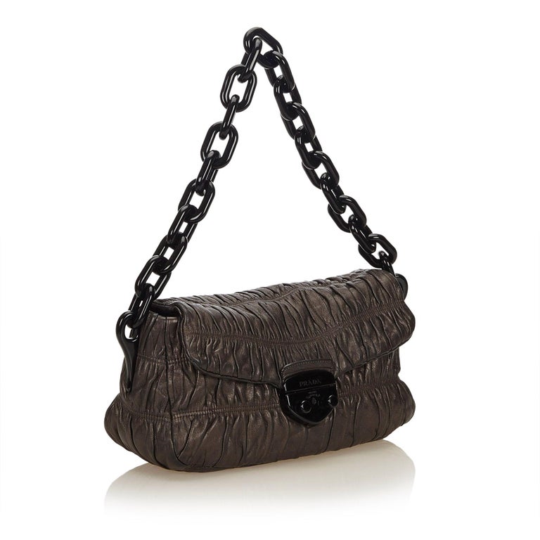 Prada Brown Gathered Leather Chain Shoulder Bag For Sale at 1stdibs