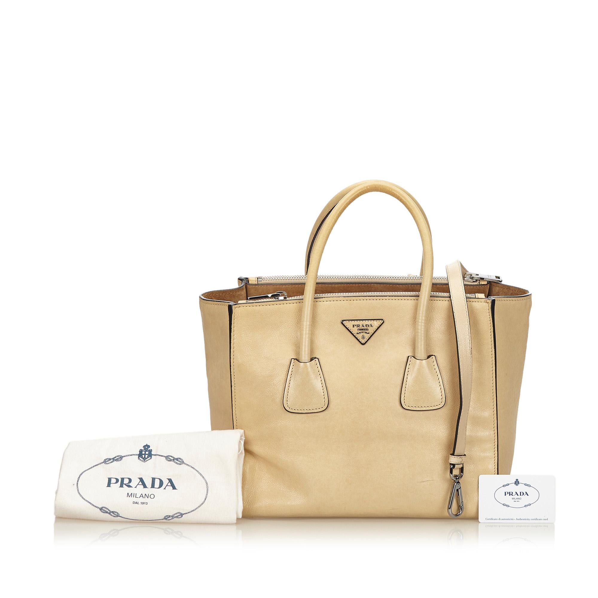 Prada Brown x Beige Calf Leather Twin Pocket Tote For Sale 5