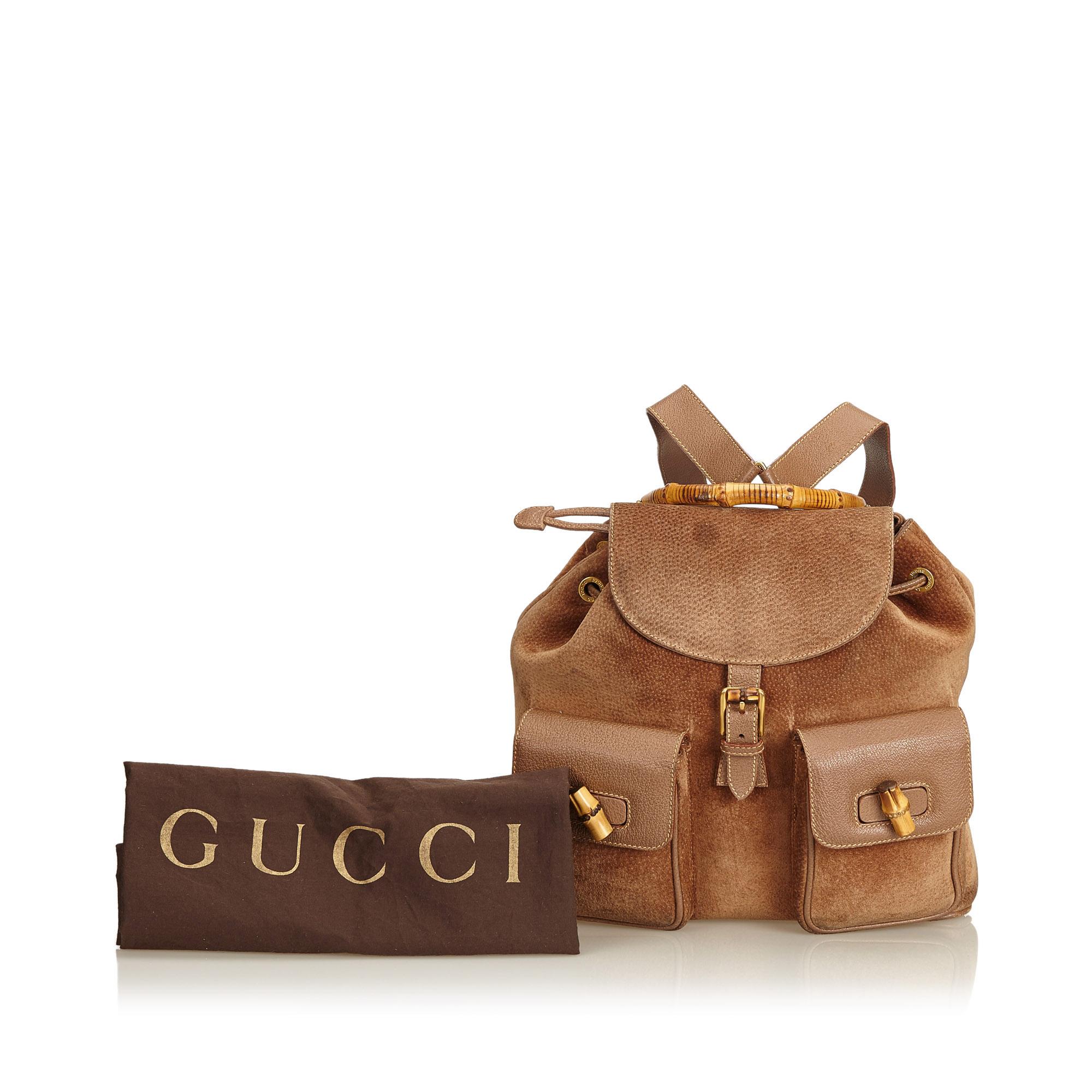 Gucci Brown Bamboo Suede Drawstring Backpack For Sale 6