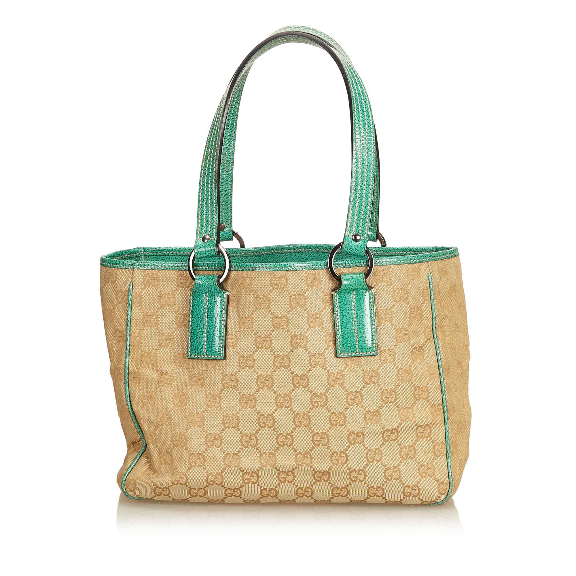 Gucci Brown x Beige x Green Guccissima Jacquard Tote Bag In Good Condition For Sale In Orlando, FL