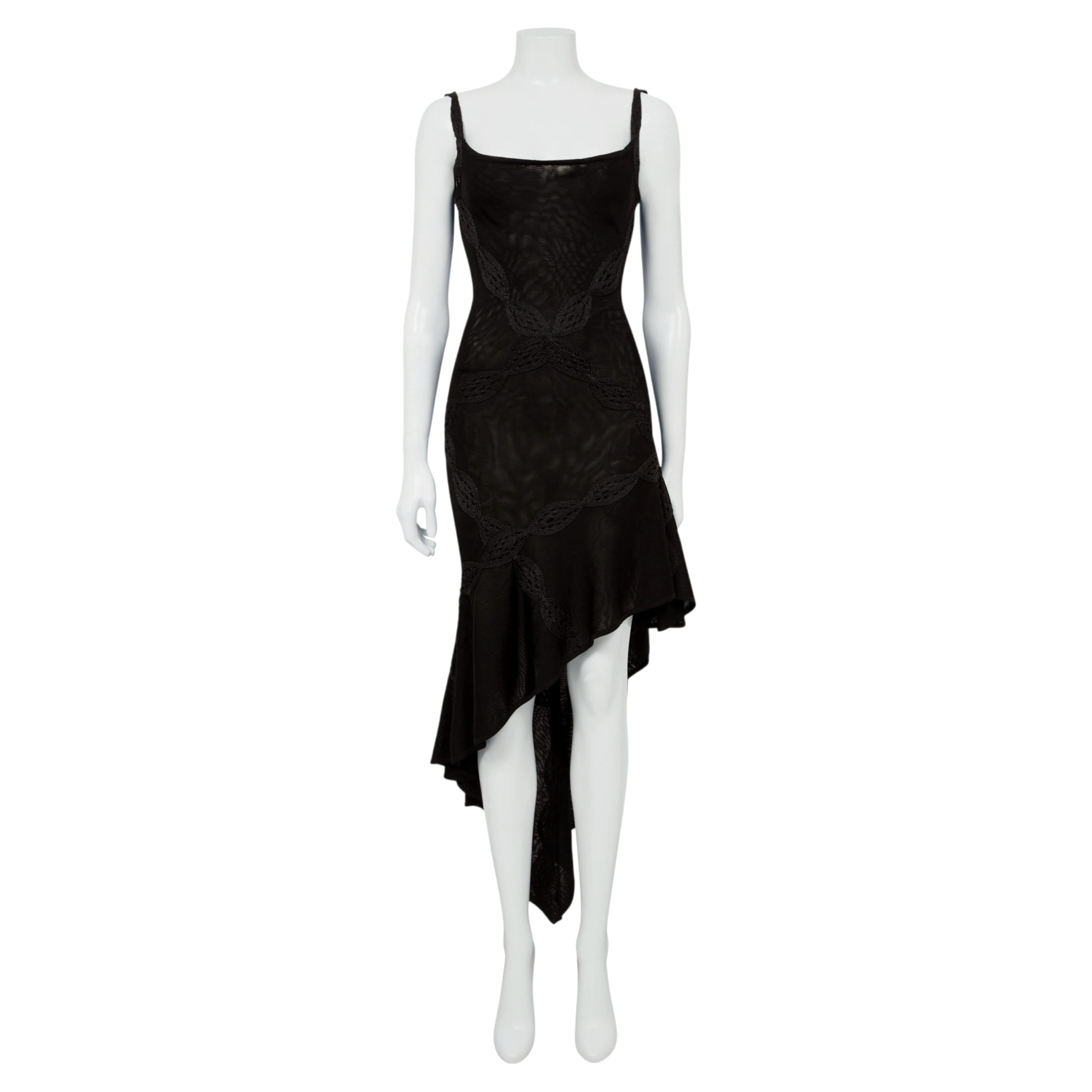 Christian Dior S/S 2001 Black Embroidered Braid Bias-Cut Asymmetrical Dress For Sale