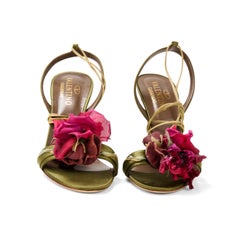 Valentino Green Satin Pink Floral Rosebud Appliqué Strappy Heels