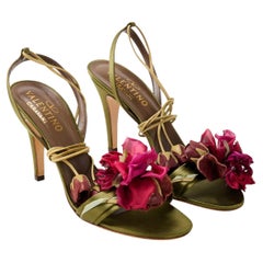 Valentino Green Satin Pink Floral Rosebud Appliqué Strappy Heels