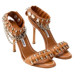 Manolo Blahnik Military Bullet Brown Leather Sandal Heels
