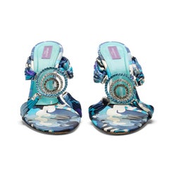 Emilio Pucci 2000s Jeweled Blue Abstract Print Silk Heels