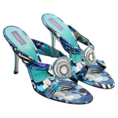 Emilio Pucci 2000s Jeweled Blue Abstract Print Silk Heels