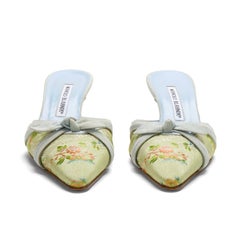 Manolo Blahnik 2000s Blue Green Floral Bow Mule Heels