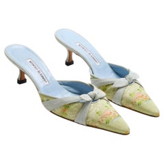Manolo Blahnik 2000s Blue Green Floral Bow Mule Heels