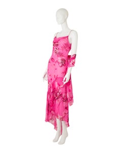Special Vintage 100% Silk Barbie Pink Floral Beaded Asymmetrical Dress