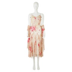 Robe asymétrique vintage d'exception, 100 % soie, à motifs floraux crème et rose, ornée de perles
