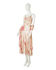 Robe asymétrique vintage d'exception, 100 % soie, à motifs floraux crème et rose, ornée de perles