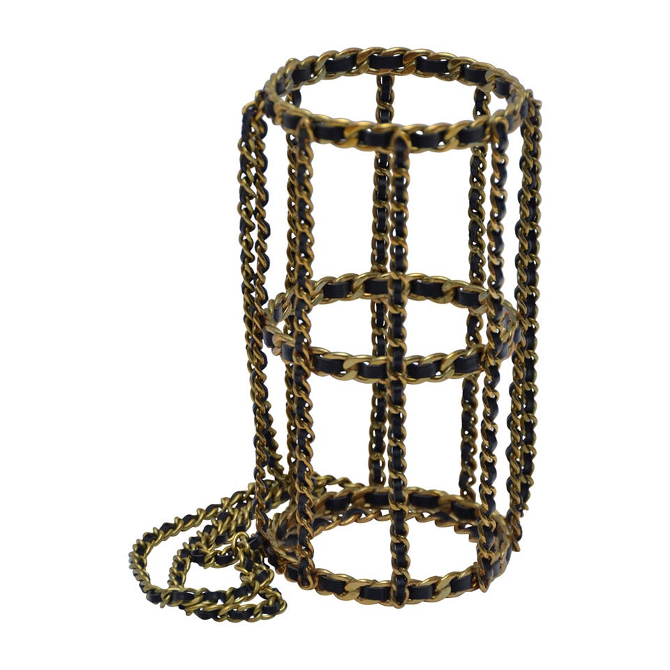 Chanel Vintage Black Leather And Gold Metal Chain Bottle Holder