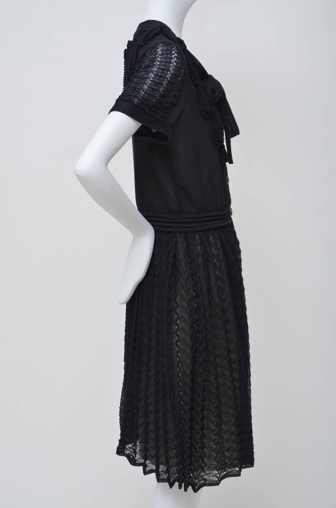 Black Chanel Lace Knit Puff Sleeve Jeweled Buttons Ready to Wear Dress, Spring 2010