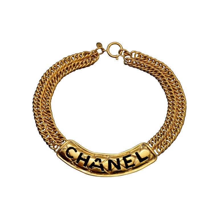 CHANEL Rare Quilted Vintage Gold Logo Plate Necklace Choker