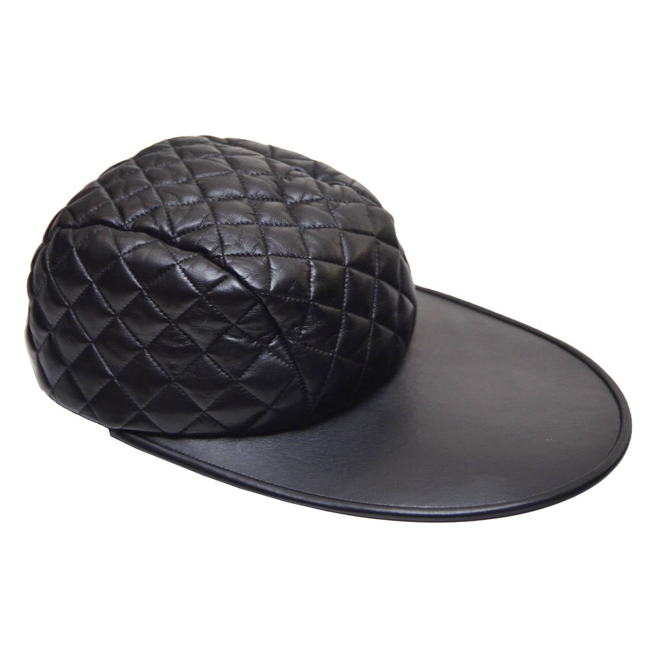 CHANEL 1990's Seen On Linda Evangelista Runway Lambskin Leather Quilt.  Hat  NEW