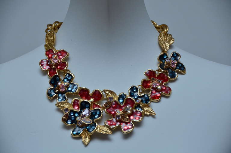 Christian Lacroix Gilt With  Enamel Flower Necklace Choker In New Condition In New York, NY