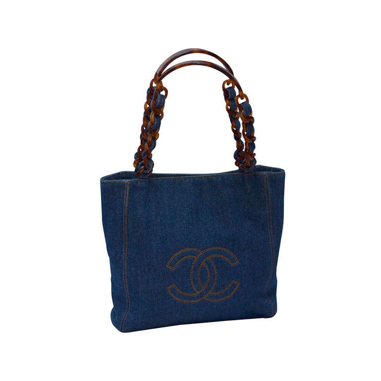Chanel Mini Denim Tote Handbag Tortoise Handle