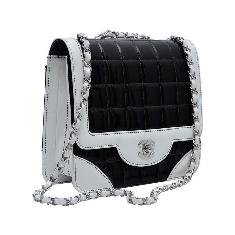 Chanel Bi-Color Classic Flap Handbag Black Patent and White Leather Vintage NEW at 1stdibs