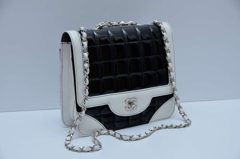 Chanel Bi-Color Classic Flap Handbag Black Patent and White Leather Vintage NEW at 1stdibs